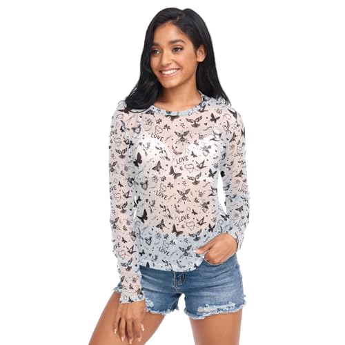 Women's Long Sleeve Mesh Top Bird Butterfly Lheart See Through
